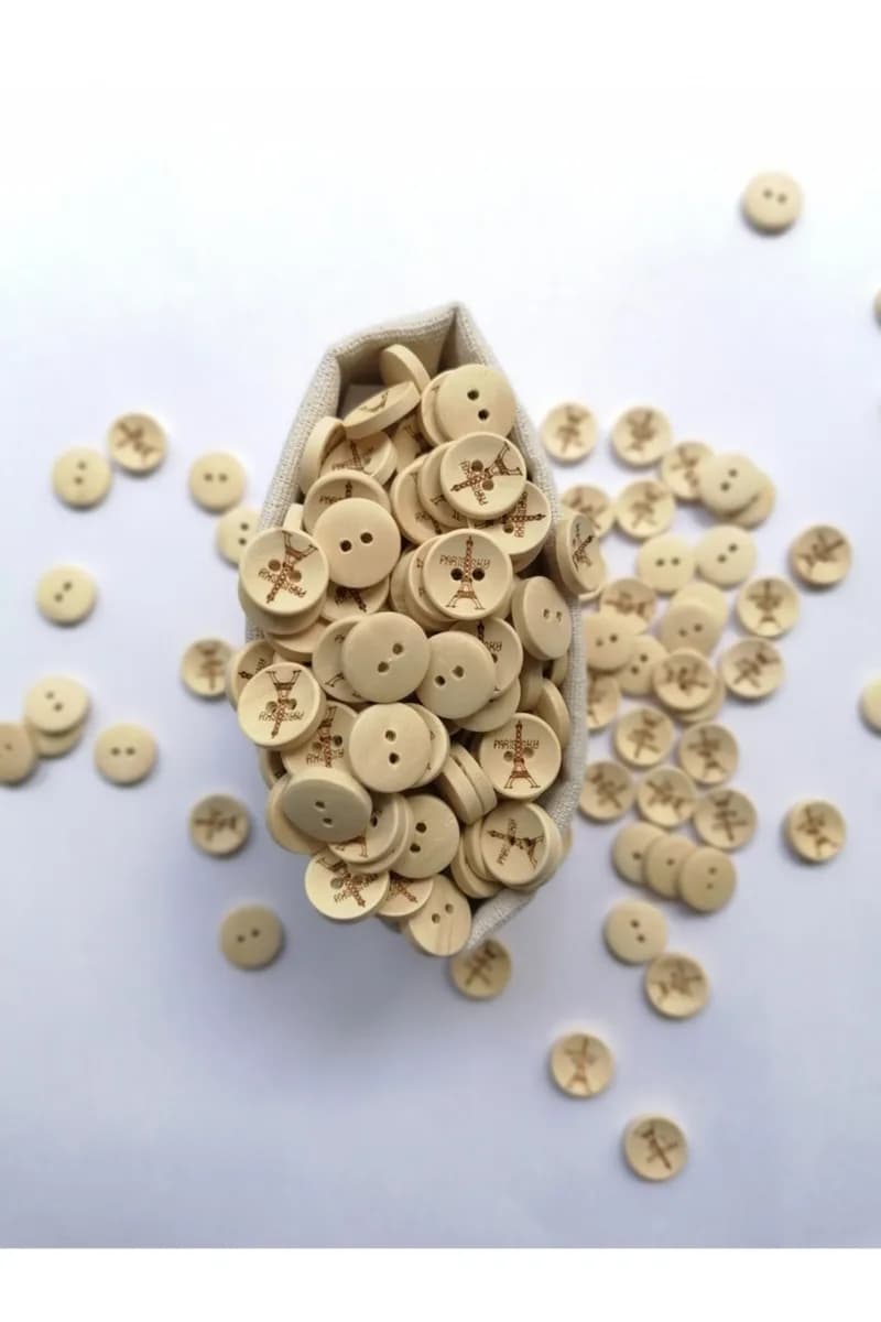 30 Adet Eyfel Kulesi Desenli Doğal Ahşap Düğme 15 Mm